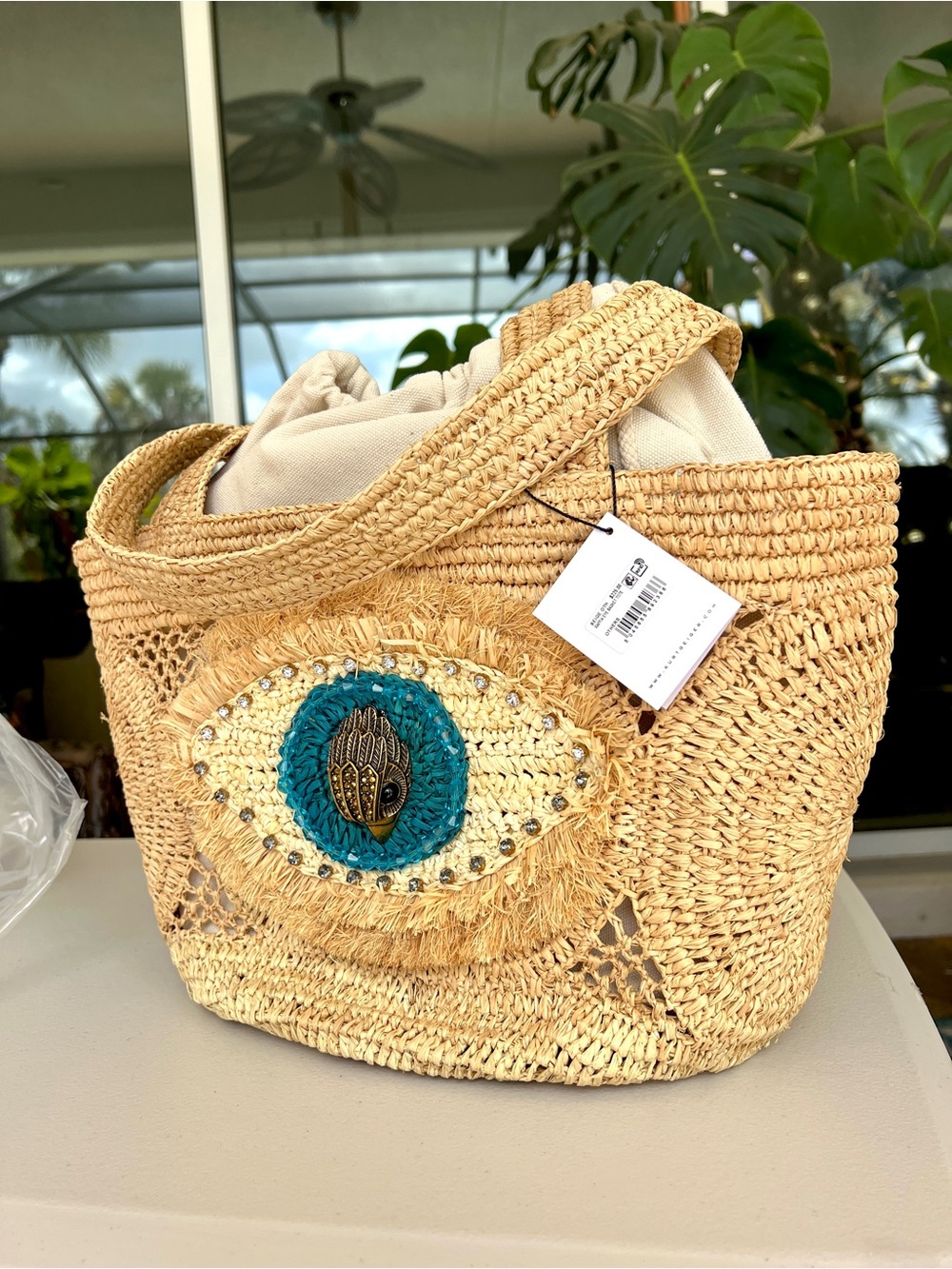 KURT GEIGER Raffia Evil Eye Basket tote beige natural NWT - Picture 5 of 17